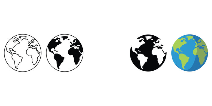 Globe icons showing world map in thin outline solid black and blue color style for web interface