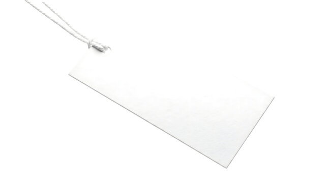 A single blank white rectangular paper price tag hanging from a thin string isolated on a pure white background