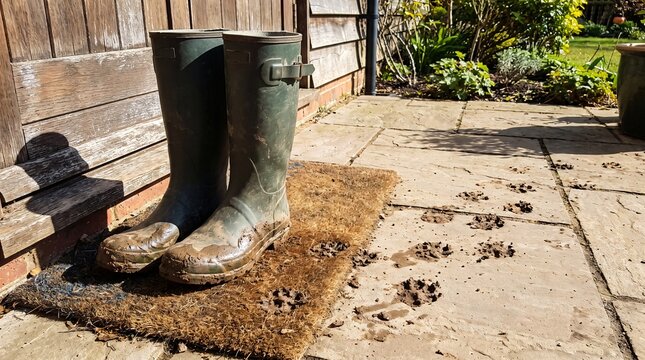 Muddy Wellington Boots and Fresh Dog Paw Prints by a Back Door After an Autumn Walk