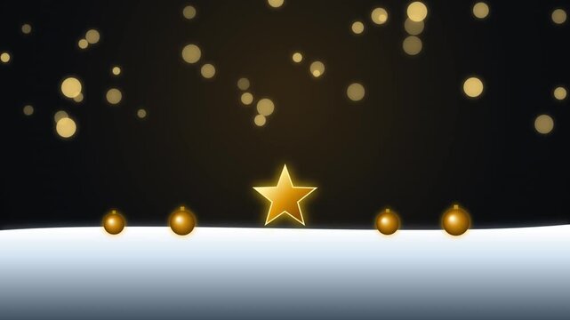 Golden christmas star and ornaments on snow with falling bokeh lights background, holiday winter