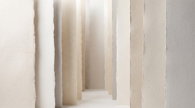 Abstract architectural interior composition with vertical strips of textured handmade paper creating depth and light