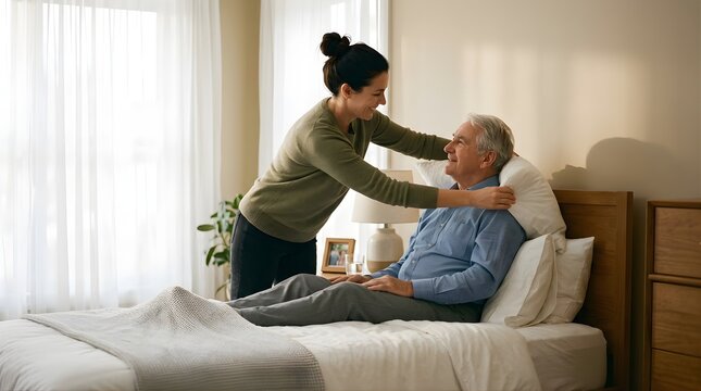 Caring daughter helping senior father settle on bed at home during day