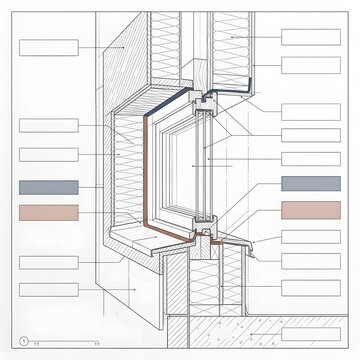 Technical building construction detail blueprint showing facade window installation and insulation.
