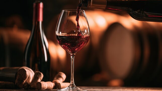Pouring red wine into glass with wine bottle and corks on wooden table warm lighting in cellar or bar background