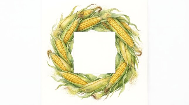 A beautiful watercolor thanksgiving banner featuring a circular wreath made of fresh yellow corn cobs and green husks isolated on a clean white background design