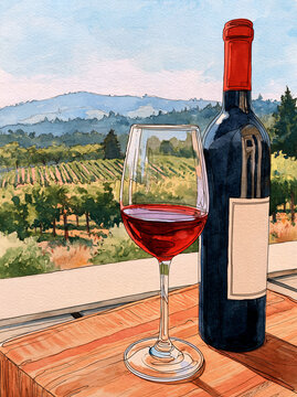 continuous line sketch and watercolor of a wine bottle and a half full glass sitting on a table with a background scene of a vinyard and blue and green hills in backgroundar