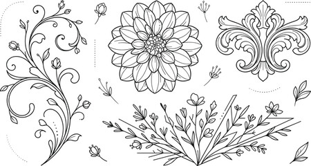 Vintage botanical ornament vector set with hand drawn sketch illustrations of dahlia flower fleur de lis scroll vines and field wildflowers for tattoo graphic design © MstAlif