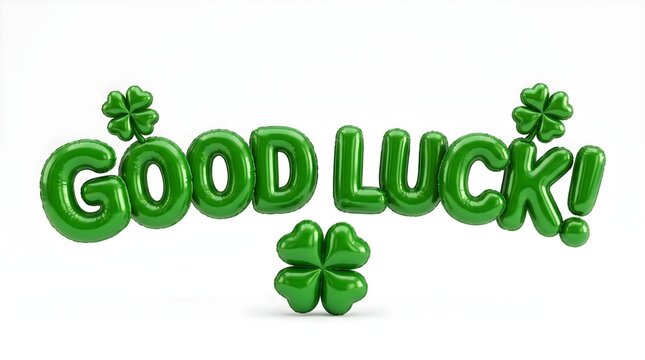 Green balloon letters spelling Good Luck with four leaf clover symbol