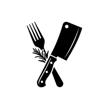 Cleaver kitchen knife crossed over eating fork for steak restaurant
