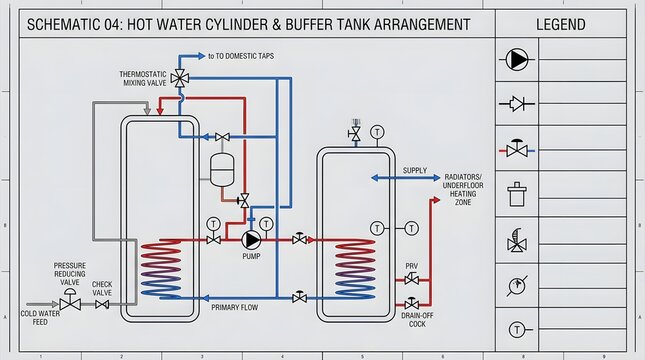 Hot water cylinder and buffer tank arrangement technical schematic for domestic heating system.