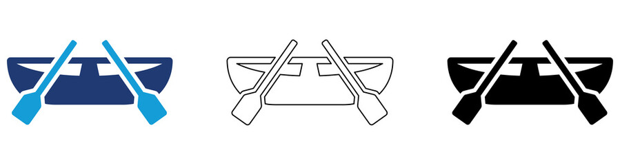 Multicolor Rowing Boat Icon Set with Crossed Oars and Filled Outline Styles for Canoeing Water Sports Outdoor Recreation River Navigation and Marine Activities Isolated on Transparent Background © Kasmiri