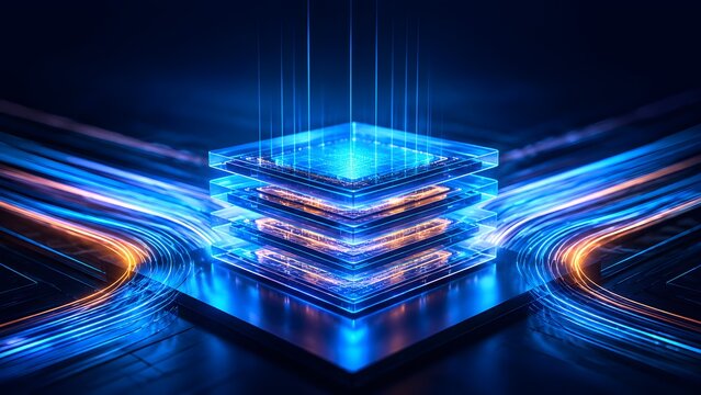 Layered transparent processor chip with vertical light beams and glowing fiber optic data streams on motherboard