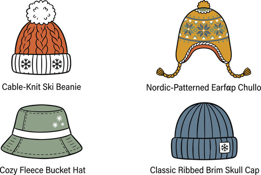 Winter Hat Vector Icon Set Featuring Cable Knit Ski Beanie Nordic Patterned Chullo Cozy Fleece Bucket Hat and Classic Ribbed Skull Cap Illustrations