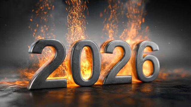 Burning numbers 2026 engulfed in flames with sparks and fire dramatic new year concept