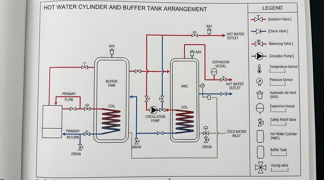 Technical schematic diagram of a residential hot water cylinder and buffer tank heating system.