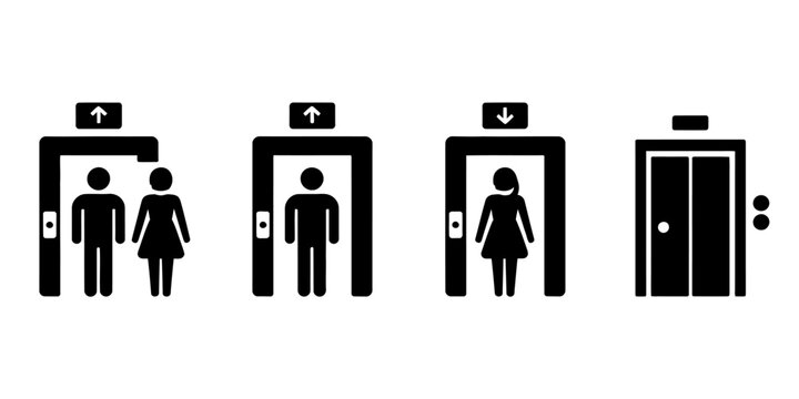 Black elevator and restroom icon set showing people with up and down arrows for building signage and navigation Vector, illustration