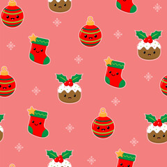 Naklejka premium Christmas seamless pattern featuring stockings, Christmas pudding, holly leaves, berries, and snowflakes. Perfect festive background for holiday, winter, wallpaper, wrapping paper, and stationery.