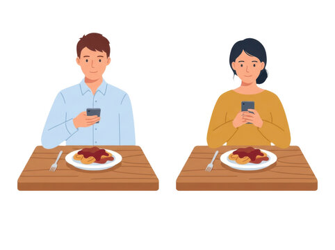 Man and woman sitting at a table eating dinner while looking at their smartphones isolated on transparent background