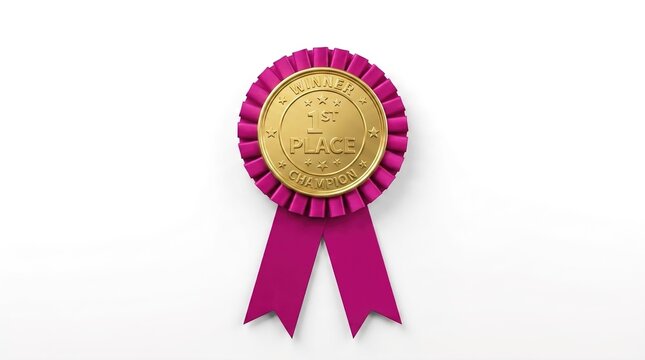 First Place Award Rosette Ribbon Badge with Gold Text on White Background