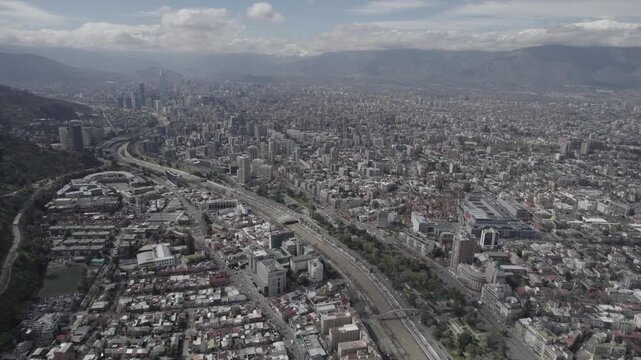 Drone Flight Over Santiago de Chile Highlighting City and Mountains