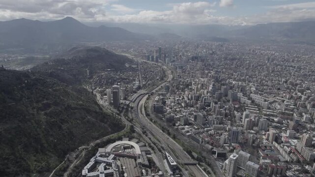 Aerial View of Santiago de Chile Skyline Towards Andes Mountains