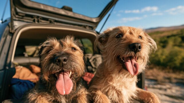 Two happy brown dogs with tongues out sitting in the back of an open vehicle enjoying sunny outdoor adventure trip with nature landscape background