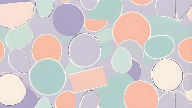 Soft pastel abstract geometric shapes pattern background. Modern gentle design with circles and irregular forms in lavender, peach, and mint.