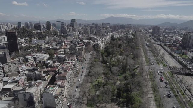 Aerial Drone Shot Of Santiago Cityscape Looking South Over Fine Arts Museum