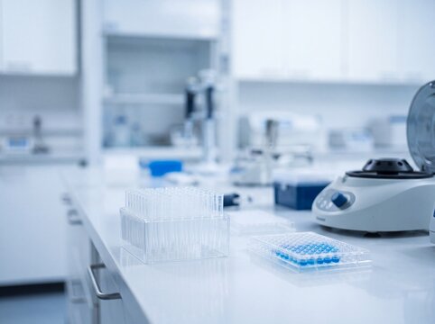 Laboratory bench with a rack of pipette tips and a microplate