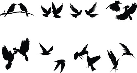 Fototapeta premium Romantic Couple Bird Silhouettes Set. Lovers on Branch, Flying Pigeons and Swallows in Flight. Simple Vector Symbols for Wedding, Love Cards, Invitations and Design