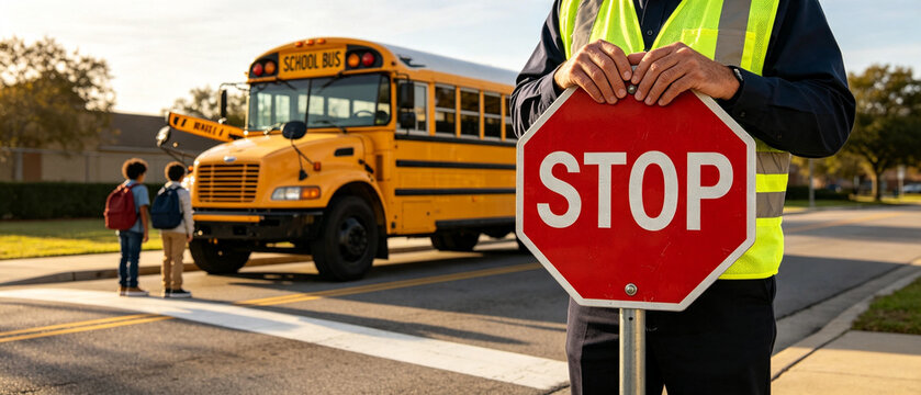 Crossing Guard Holding Red Stop Sign for School Children Safety Near Yellow School Bus on Street Crosswalk