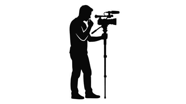 Videographer silhouette holding professional video camera equipment on a tall monopod for high quality media production in clean vector illustration