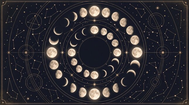Circular moon phase chart featuring detailed lunar cycles arranged in golden orbits with vintage celestial constellations on a deep dark navy blue textured vector artistic background