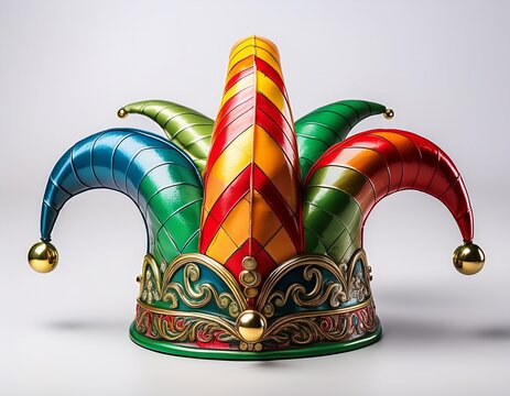 a colorful 3d rendered jester hat with traditional design on white background
