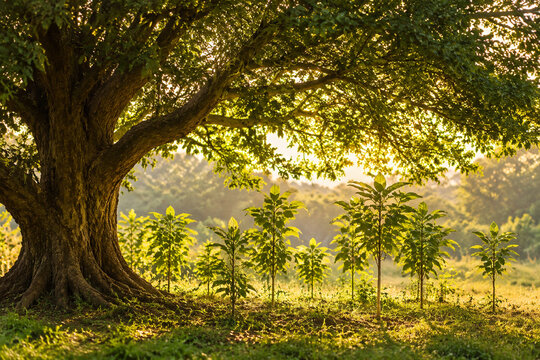 A large tree providing shade for young saplings in golden hour light.