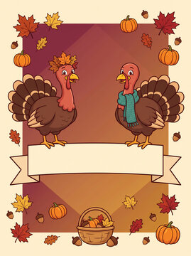 Cartoon turkeys and autumn leaves with pumpkins and acorns on a fall background