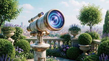 Obraz premium Ornate marble telescope on rich rooftop terrace overlooks city. Swirling lights in lens suggest cosmic portal. Green plants surrounds elegant observatory.
