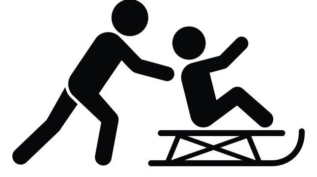 Minimalist black vector graphic illustration depicting a parent pushing a happy small child on a sled for winter outdoor fun