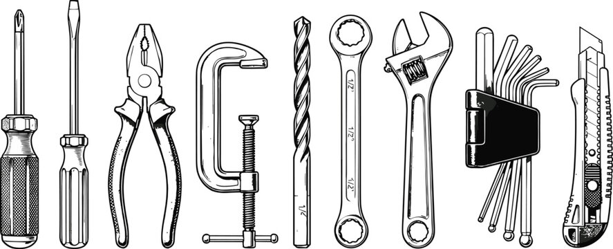 Hand tools engraving vector collection featuring screwdriver pliers clamp drill bit wrench spanner allen key and utility knife