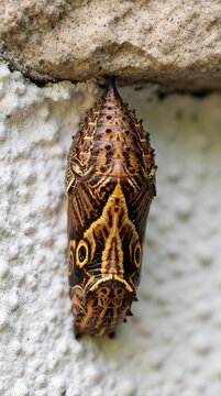 Brown patterned pupa hangs from textured stone wall. Insect chrysalis shows intricate details, marks start of metamorphosis. Nature macro photography.