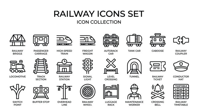 Railway icons set featuring black outline transportation elements designed for logistics infographics infrastructure planning and modern transit projects.