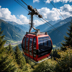 Obraz premium Red gondola cabin ascends over green mountain valley. Scenic cable car ride offers expansive views. Transport travels high above forest peaks under blue sky.