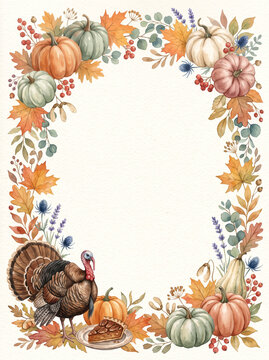 Watercolor autumn frame with pumpkins leaves turkey and pie on a white background
