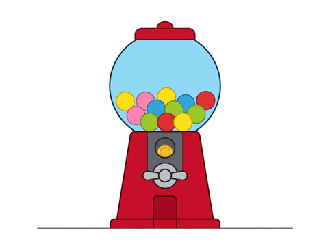 Flat Vector Illustration of a Classic Red Gumball Machine with Colorful Candy