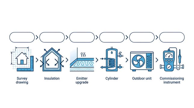 House heating upgrade workflow line icons showing survey and installation steps for home system.