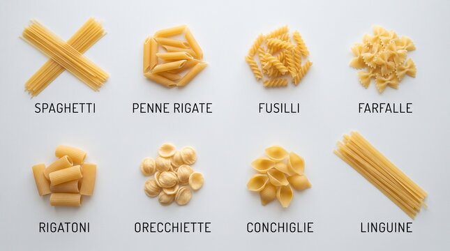 Eight Types of Dry Italian Pasta Selection Named Spaghetti Penne Fusilli Farfalle Rigatoni Orecchiette Conchiglie Linguine Isolated