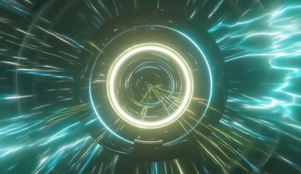 3D motion background featuring a brilliant futuristic neon starburst with a powerful rotating central energy core emitting hundreds of fast luminous light trails in every direction