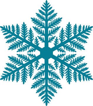 Solid cyan glyph icon of a heavy fern-like snowflake, representing winter, cold, frost, ice, and seasonal decoration
