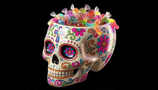 Festive Mexican Day of the Dead sugar skull candy bowl filled with colorful sweets and gummy worms isolated on a black background