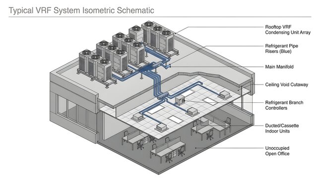 Typical vrf system isometric schematic demonstrating modern commercial building hvac layout.